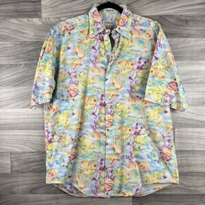 TUTTLE GOLF Collection Button Front Men Large Multicolor Fish Print Short Sleeve